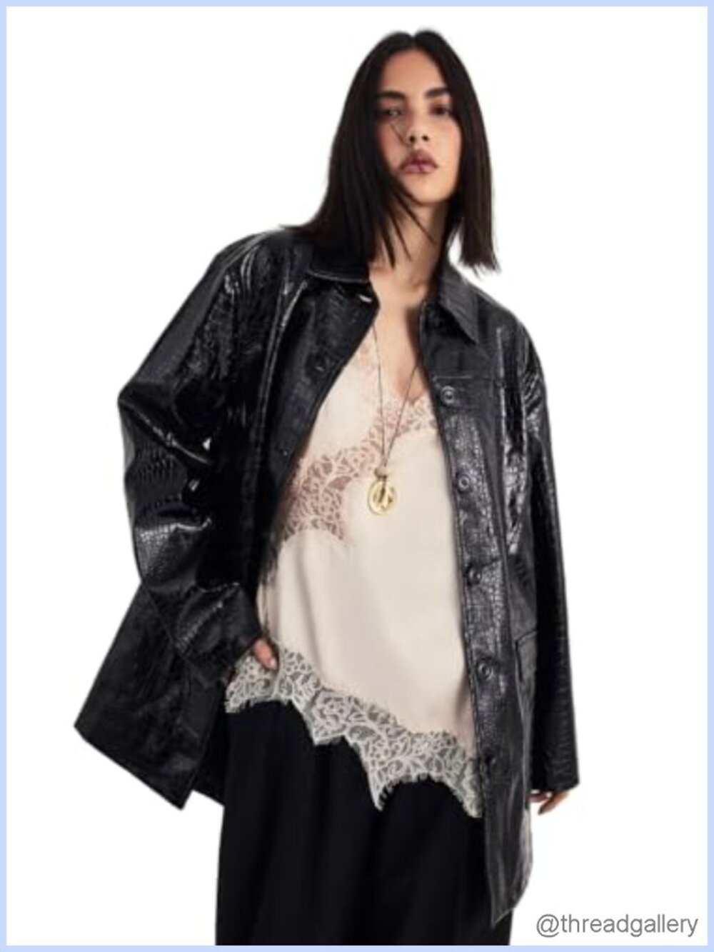Croc Vinyl Faux Leather Clean Jacket Oversized Collared Button Front